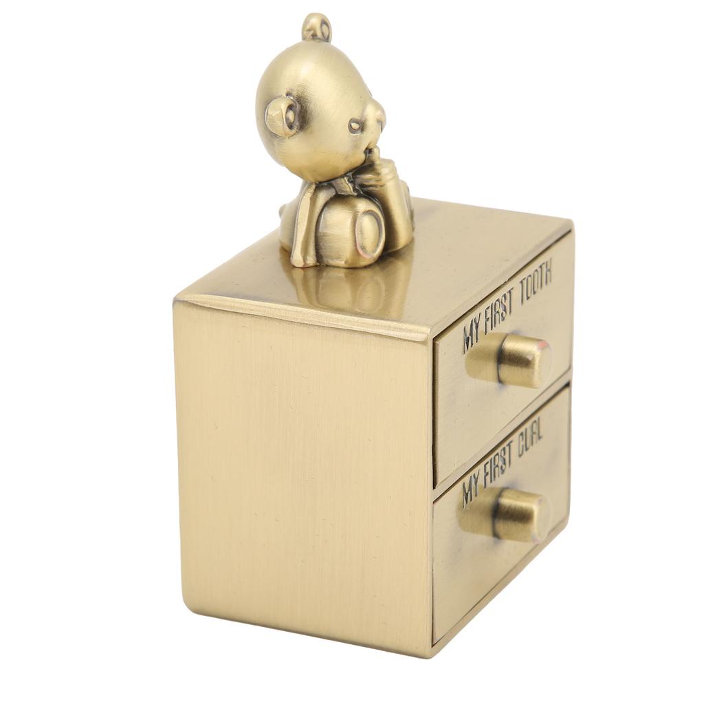 Tooth Box Metal Cute BearShape Storage Case with 2 Drawers for Children Growth Memorial Gift Jewelry Collection(Green Patina )