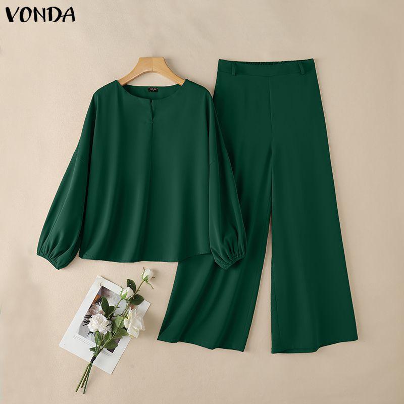 

VONDA Elegant Women Outfits Puff Sleeve Blouse and Zip-up Trousers Casual Two Piece Sets M