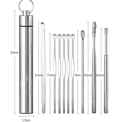10 Peças/conjunto Portátil Multifuncional Aço Inoxidável Removedor de Cera de Ouvido Ferramenta de Remoção Palito de Cera de Ouvido Limpeza de Cera de Ouvido Colher de Cera de Ouvido Cuidados de Saúde