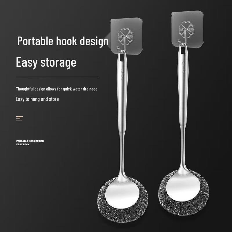 Stainless Steel Pot Cleaning Brush with Long Handle and Large Steel Wool Ball