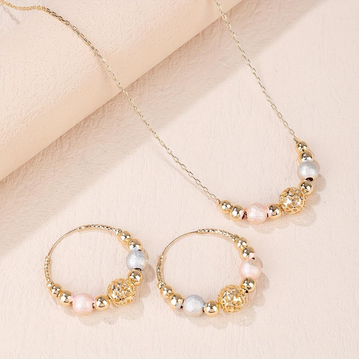 Three-piece elegant women s fashion beaded hollow-out necklace and earrings jewelry set Three Colors