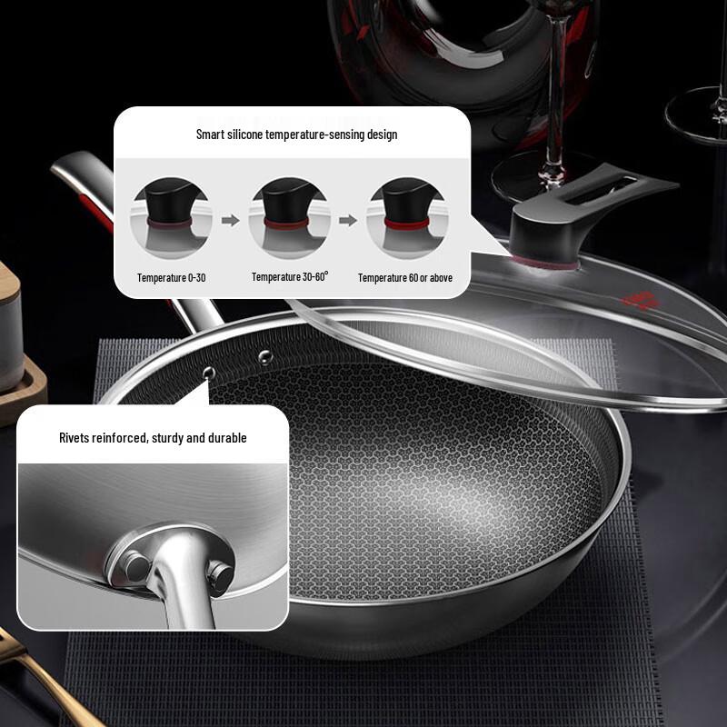 Kangbache 316L Stainless Steel 32cm Honeycomb Non-stick Wok