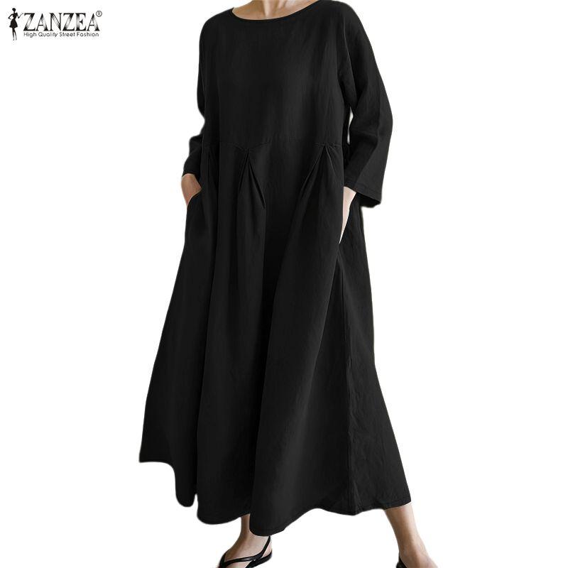 ZANZEA Damen Lässig Rundhals Achtelarm Locker Langes Kleid
