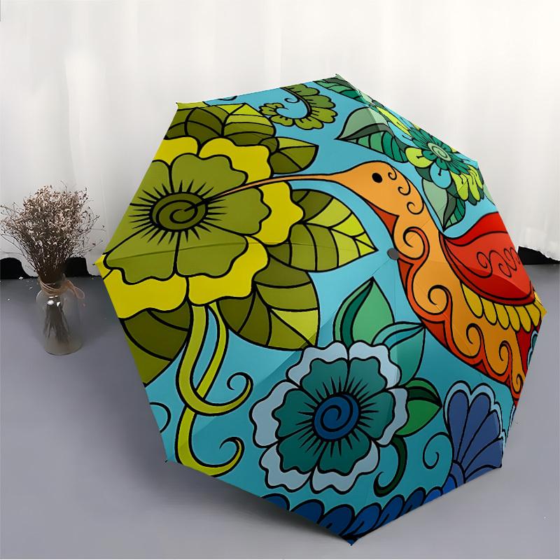 1pc Floral Print Automatic Folding Umbrella - 8-Rib Iron Frame, Windproof, Portable Sunshade with Plastic Handle for Travel & Outdoor Activi