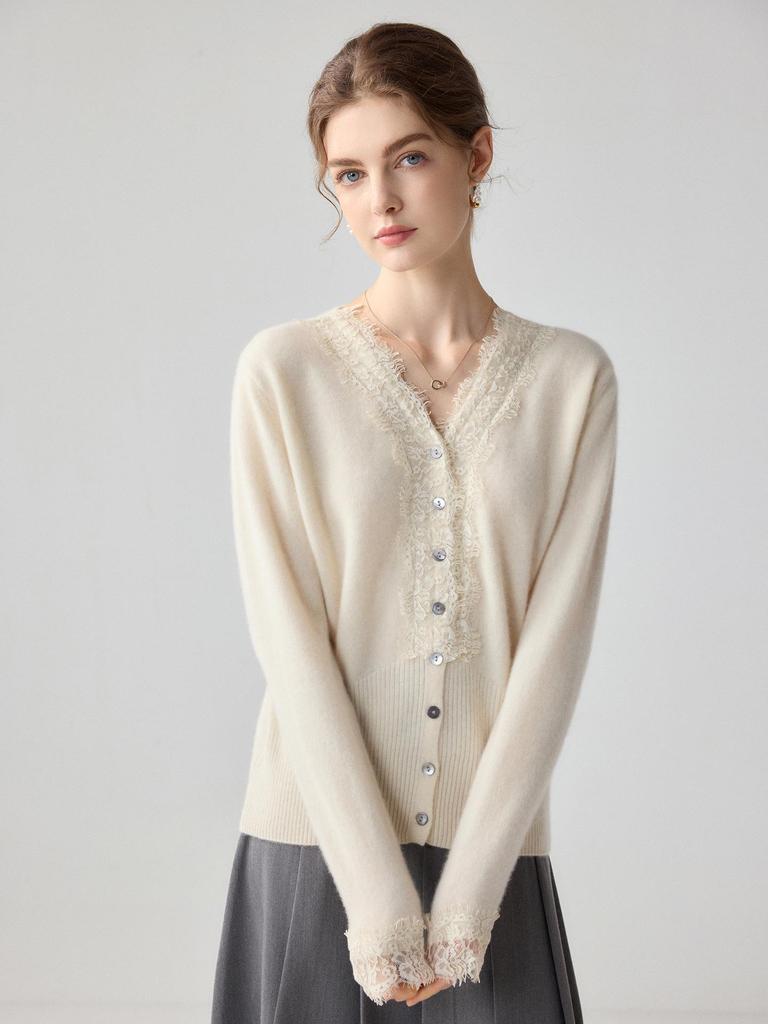 Elegant Women's 100% Cashmere V-Neck Cardigan with Lace Trim, Long Sleeves, Knitted Sweater Style for Autumn and Winter.