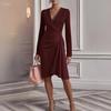 QICED Fashion Autumn Winter Solid Color Print  V-Neck Long Sleeve Casual Dresses