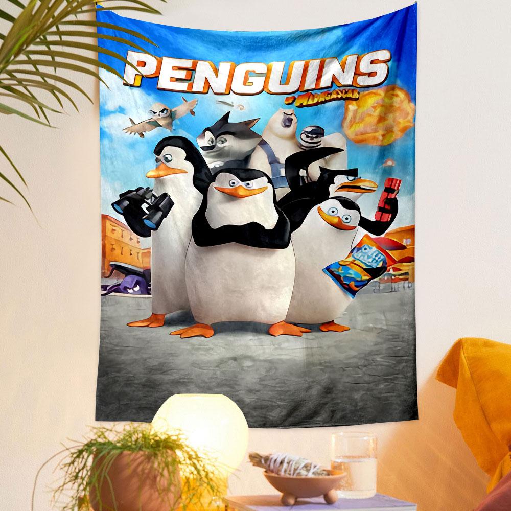Penguins of Madagascar Tapestry Wall Hanging, Animated Movie Poster Art, Family Wall Decor for Bedroom Living Room Dorm