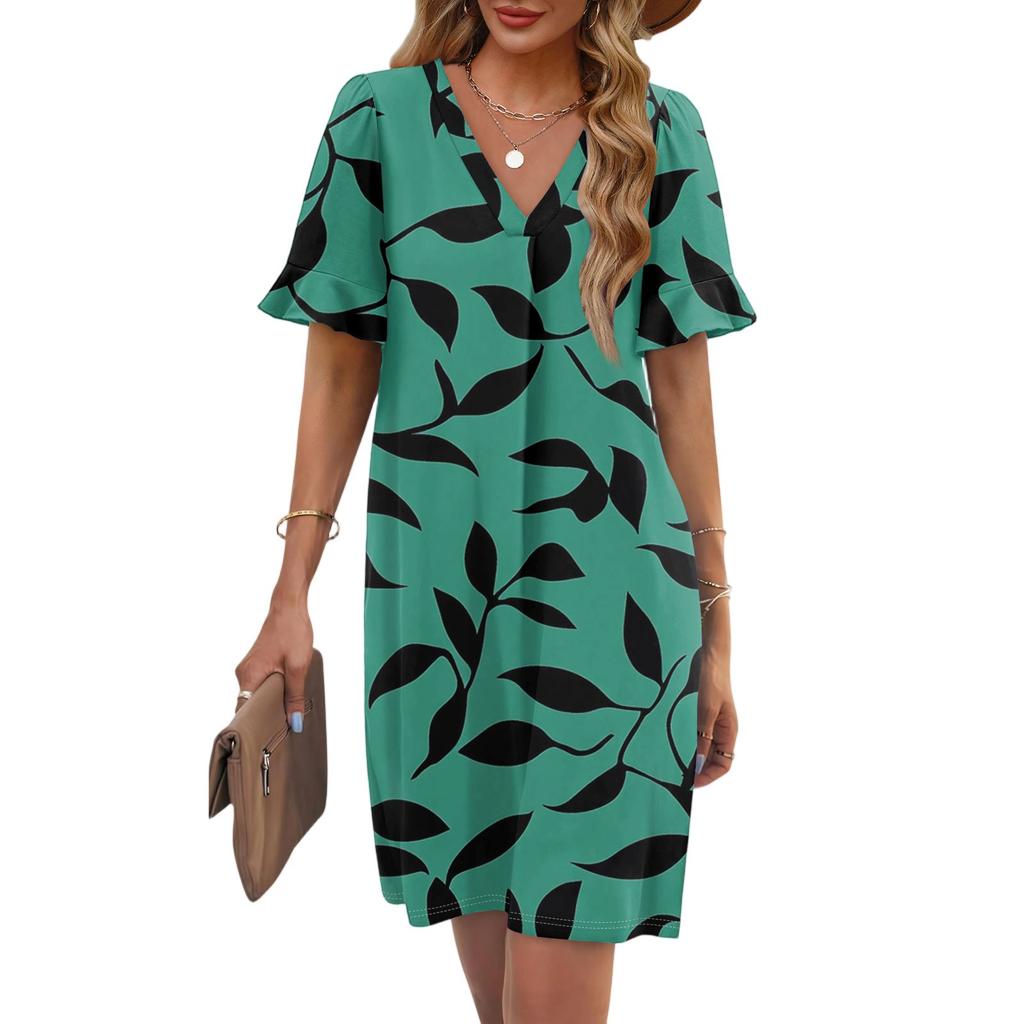 Women's Summer Floral Print Dress Pleated Short Sleeve V-Neck Pocket Casual Dress
