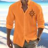 Zomer Mannen Linnen Shirt Omklapbaar Strandshirt Lange Mouwen Effen Kleur Hawaïaans Roze Patroon Collectie