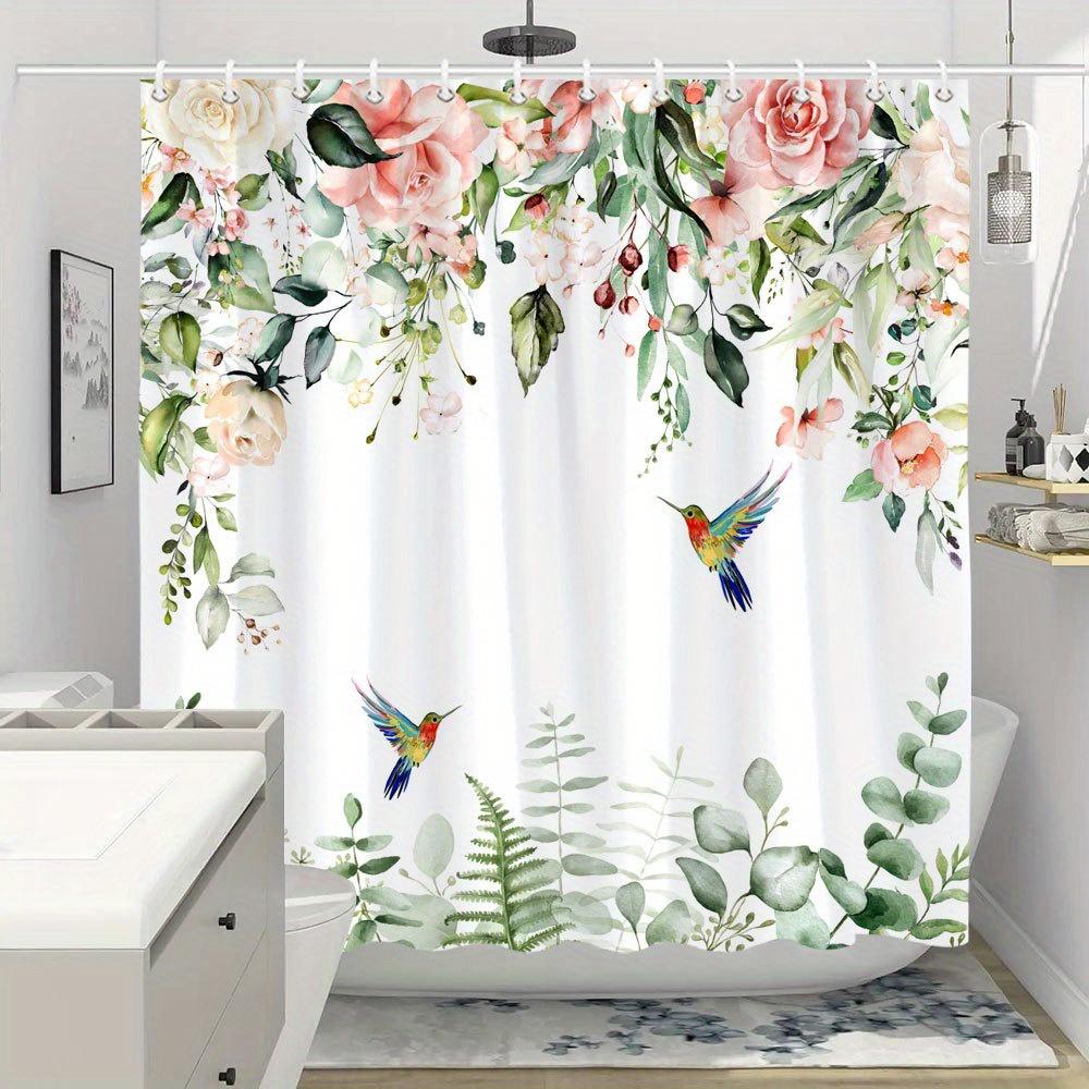 1 vibrant hummingbird rose shower curtain, polyester fabric, machine washable, suitable for bathroom decoration