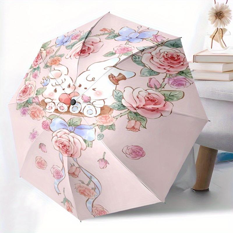 1pc Love Flowers & Bunnies Fully Automatic Folding Portable Umbrella, 8 Iron Frames, Three-Fold Design, Suitable for All Seasons, Suitable f