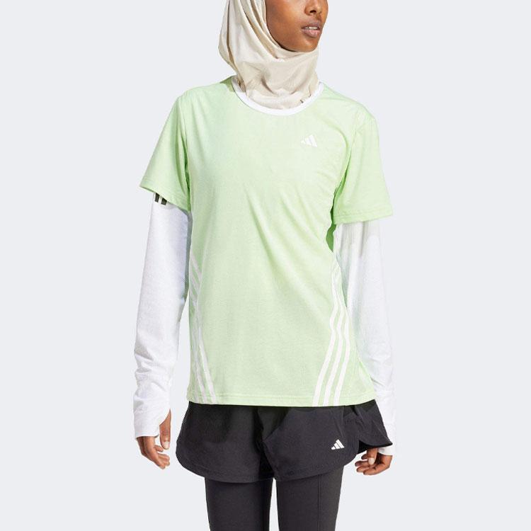 Adidas Three Stripe Color Block Round Neck Short Sleeve T-Shirt Women Tops Green IW8786