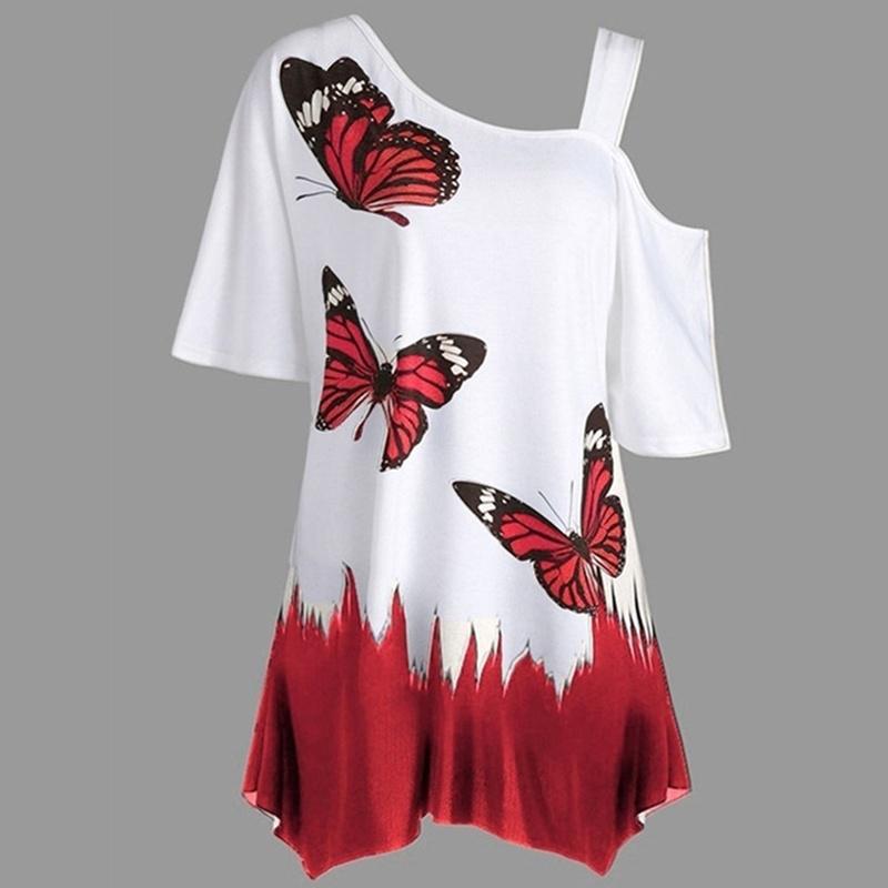 Women Fashion Butterfly Print One Shoulder Short Sleeve Tunic T-shirt Loose Blouse Tops Plus Size Fashion T-shirt