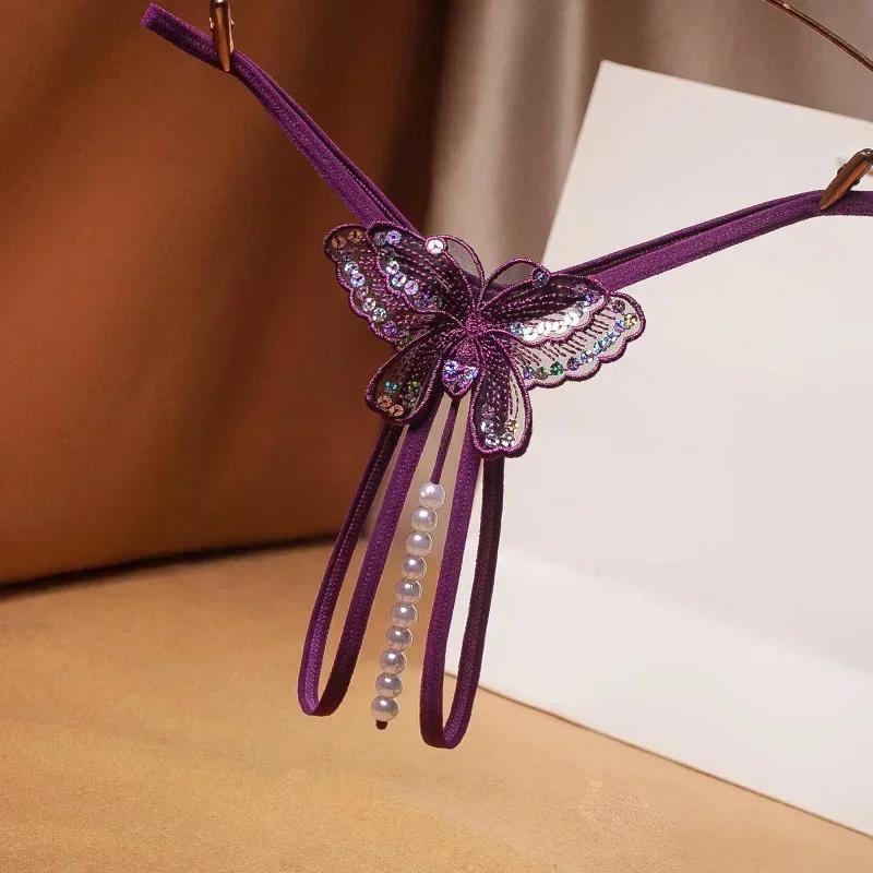 Embroidery Black Butterfly G-String Lace with Pearl Thongs T Back Temptation Open Crotch Panties for Women Sexy Erotic Costume