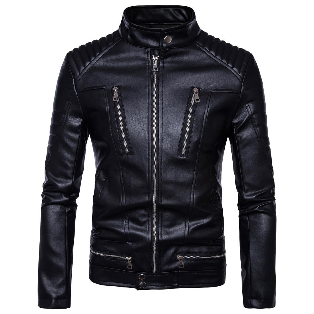 Punk Men s Motorcycle Multi-Zip Leather Jacket Motorcycle Leather Jacket 5XL чёрный