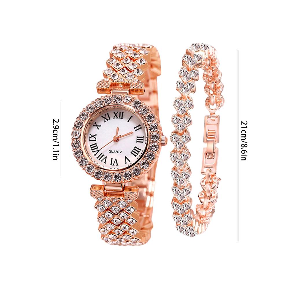 2 Stück Luxus Damen Strass Roségold Uhr Mode Damen Quarz Diamant Armbanduhr Elegant Damen Armbanduhren Set Geschenk