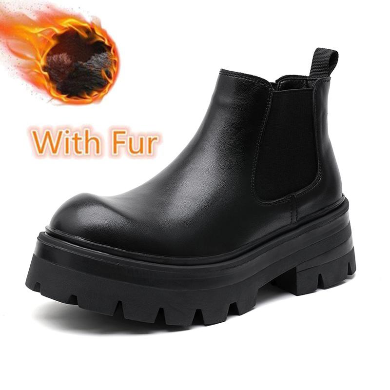 Thick Bottom Handmade Basic Boots Casual Leather Men Shoes Fashion Brand Male Chelsea Boots Vintage Winter Warm Fur Ankle Boots