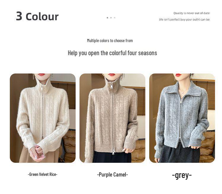 Dámský kašmírový vlněný kardiganový svetr s dvojitým zipem