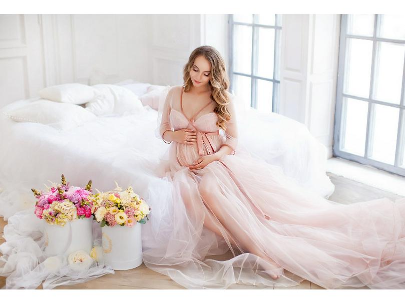 

2022 Европейское и американское длинное платье из тюля для беременных для фотосессии, средней длины с кулиской, в пол, стиль 1204 XL розовый