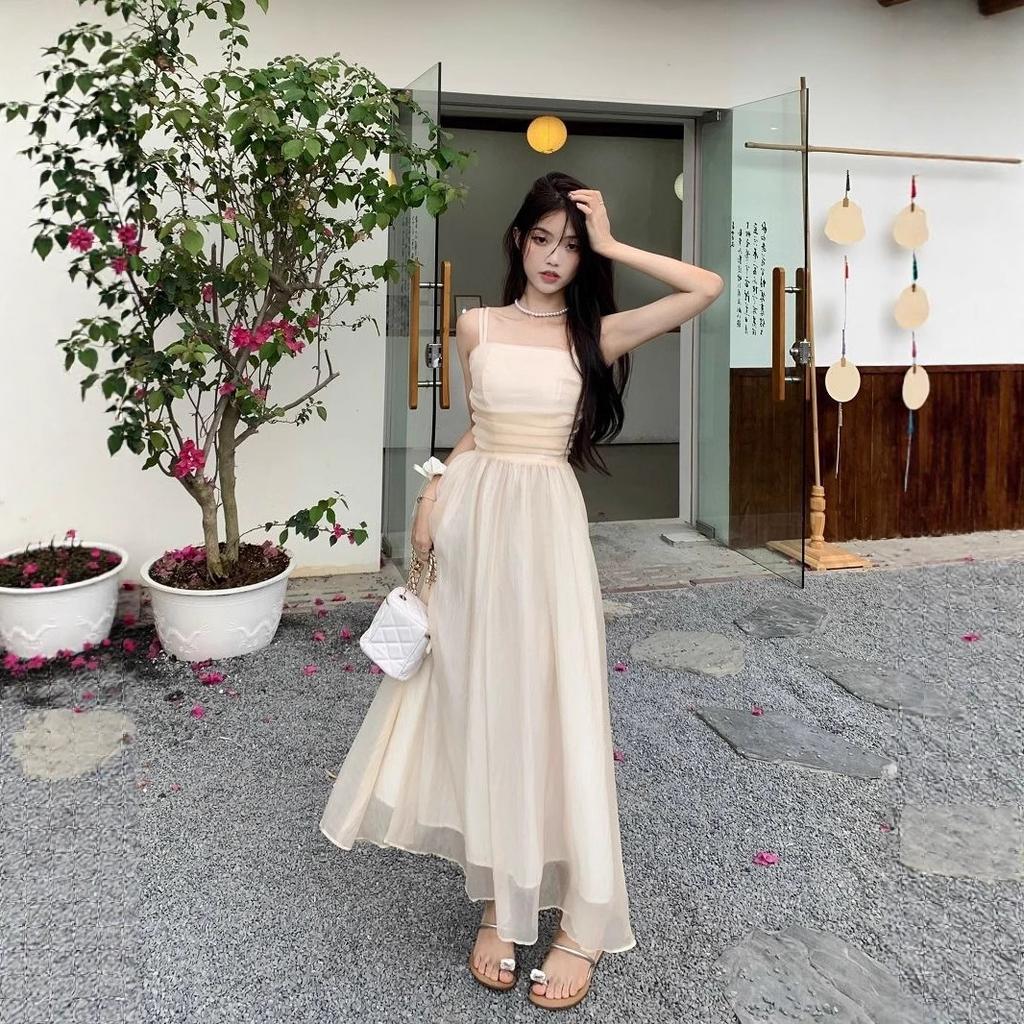 Tube top suspender dress women's summer new super fairy waist thin mesh retro temperament first love long dress