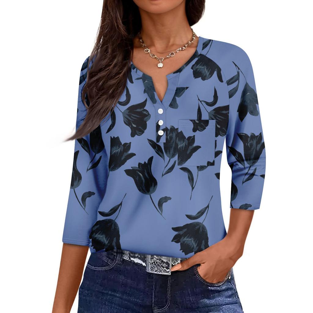 Women's Casual Fashion V-neck Loose Versatile Floral Print Three-quarter Sleeves