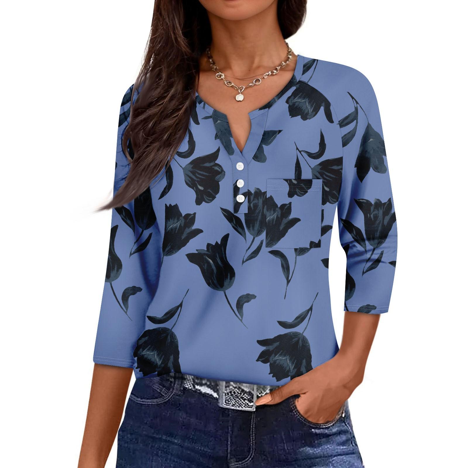 

Women s Casual Fashion V-neck Loose Versatile Floral Print Three-quarter Sleeves M синій