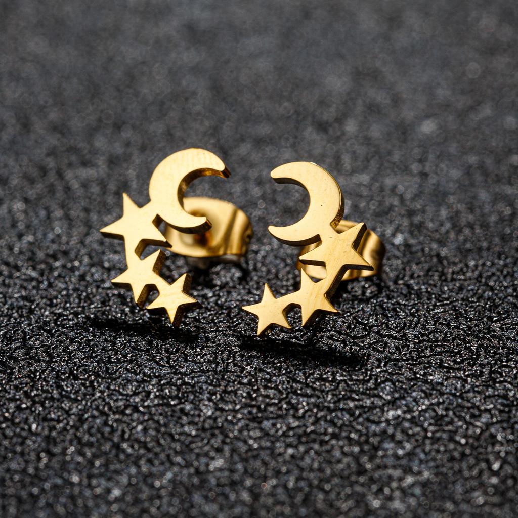Simple Moon Star Piercing Ear Stud Earrings For Women Vintage Stainless Steel Geometric Earrings Tragus Jewelry Party Gifts