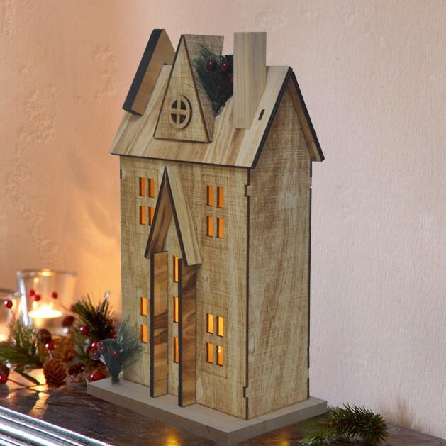 Nordic Style Aged Solid Wood LED Christmas House Ornament, 30CM High
