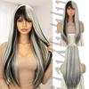 Long Straight Silvery Grey Highlight Wig with Bangs 26In Heat Resistant Fiber Synthetic Grey Black Ombre Layered Wigs