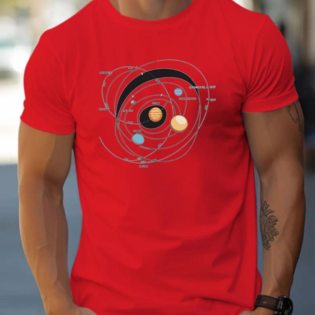 Planets Print Cotton Short Sleeved Crew Neck T-shirt For Men Simple And Elegant T-Shirt, Spring And Summer