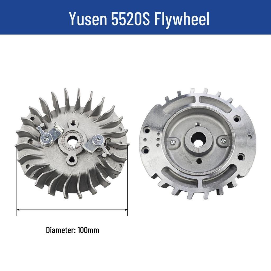 Yusen Chainsaw 5520 Parts: Cylinder, Carburetor, Clutch, Drive Disc, Pull Starter, Ignition Coil, Air Filter.