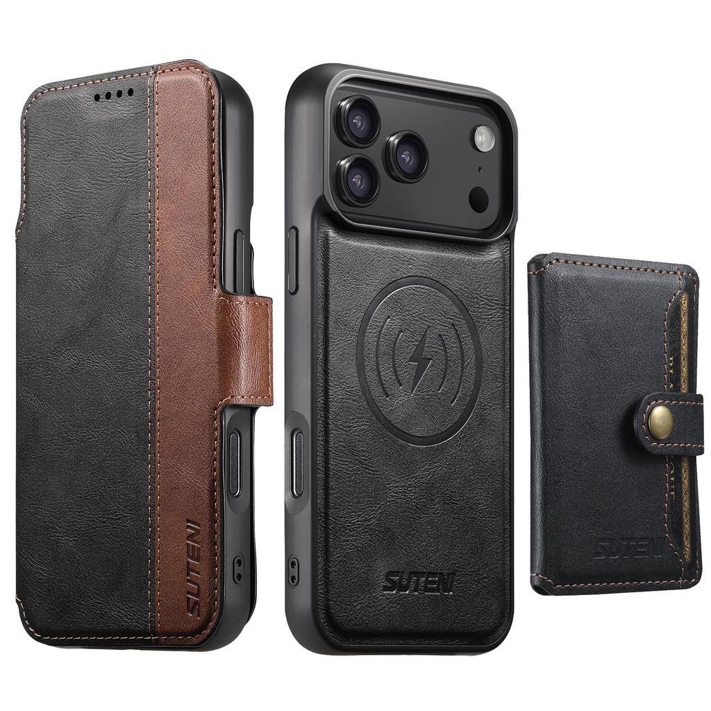 Magnetické kožené flipové pouzdro pro iPhone 17 Pro Max se slotem na karty a bezdrátovým nabíjecím stojánkem 3 v 1