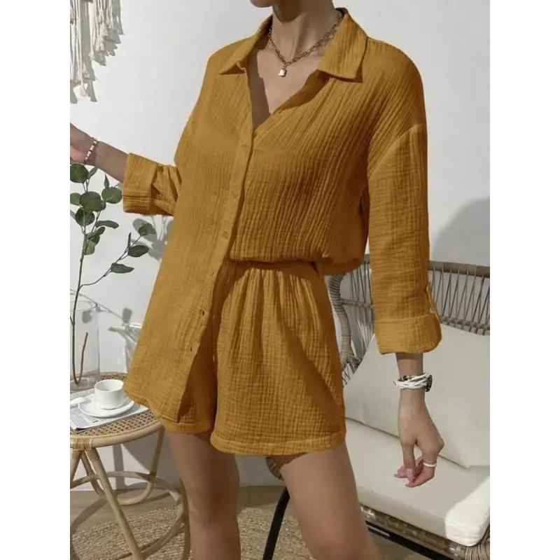Women's Spring Summer Fashion Solid Color Long Sleeve Shirt Set Casual Loose Shorts Two-Piece Set