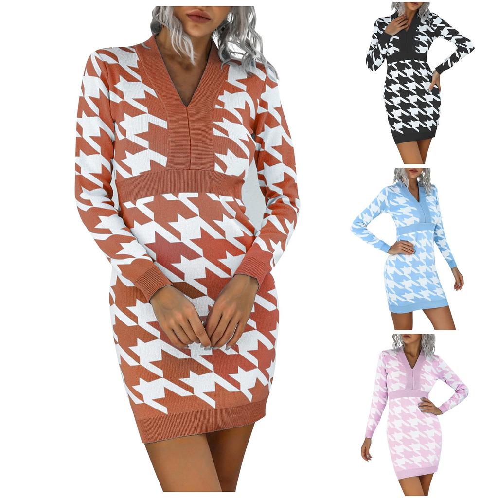 Buy Women S Fashion Fall Winter Houndstooth Long Sleeve Knitted One Piece Dress At Affordable Prices Free Shipping Real Reviews With Photos Joom