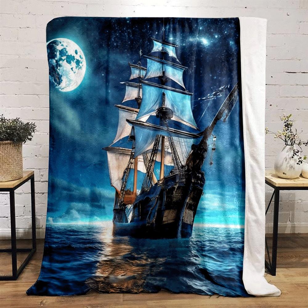 A Sailing Ship Beneath a Bright Moonlit Sky with Stars Over Calm Waters. for All Seasons Blanket Lunch Break Throw Gift