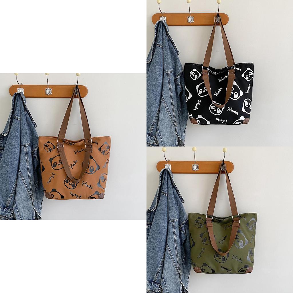 Black Green Brown White Panda Canvas Tote Bag With Large Capacity