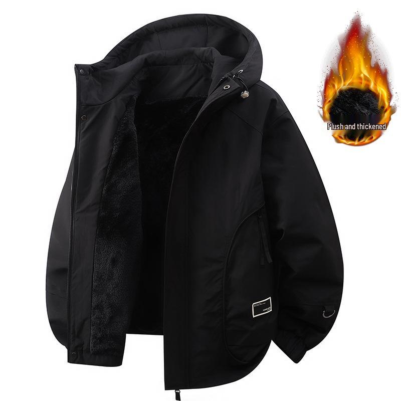 

Men s American Retro Hooded Jacket - Velvet Lined, Thickened, Japanese Style for Spring, Autumn, and Winter 4XL