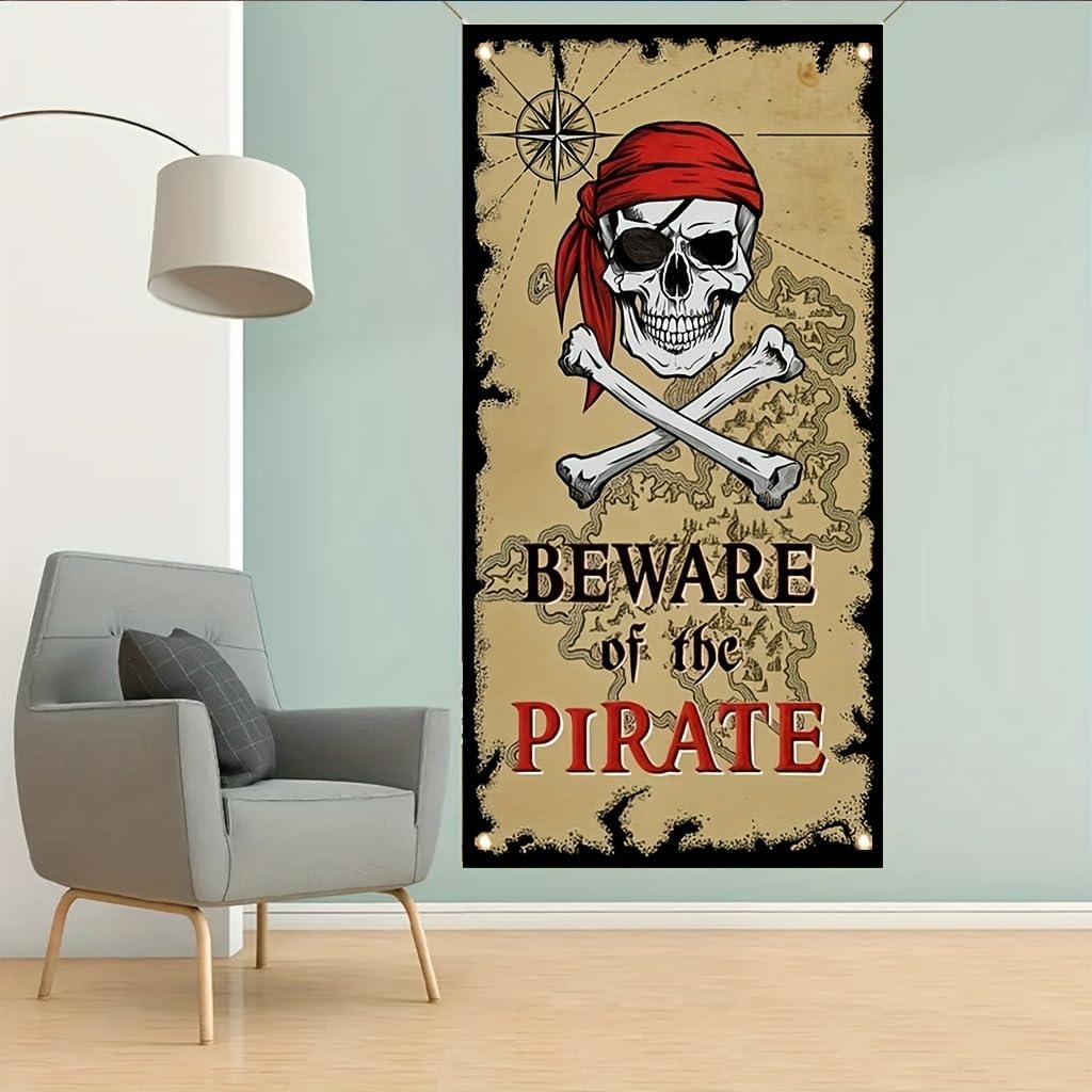 Pirate Door Cover Banner Beware of the Pirate 71x35 Inch Party Door Sign for Front Door Skull Map Design Door Cover for Halloween Theme Party Outdoor