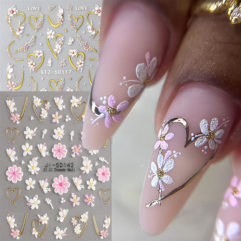 5D French Nail Stickers - Floral & Geometric Love Decor, Golden Frame, Cherry Blossom Design, Self-Adhesive Acrylic Embossed Sliders for Manicure