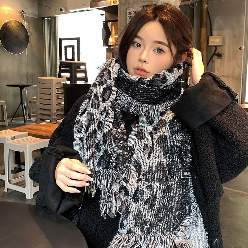 Womens Faux Cashmere Leopard Print Scarf With Fringe Warm Winter Wrap Chic Korean Style Shawl 185x55cm