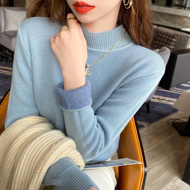 Autumn and winter semi-turtleneck velvet thickened top women's warm inner round neck long-sleeved T-shirt women's base versatile sweater