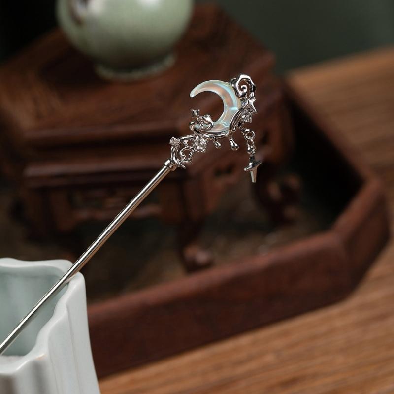 4PCS Silver Hair Bun Sticks For Long Hair Ancient Metal Hairpins With Moonstone Decoration Chinese Costume Hairpin