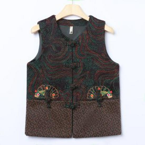 Elegant Chinese Style Embroidered Sleeveless Spring Vest for Middle-Aged and Elderly Women 3XL кофейный/зелёный