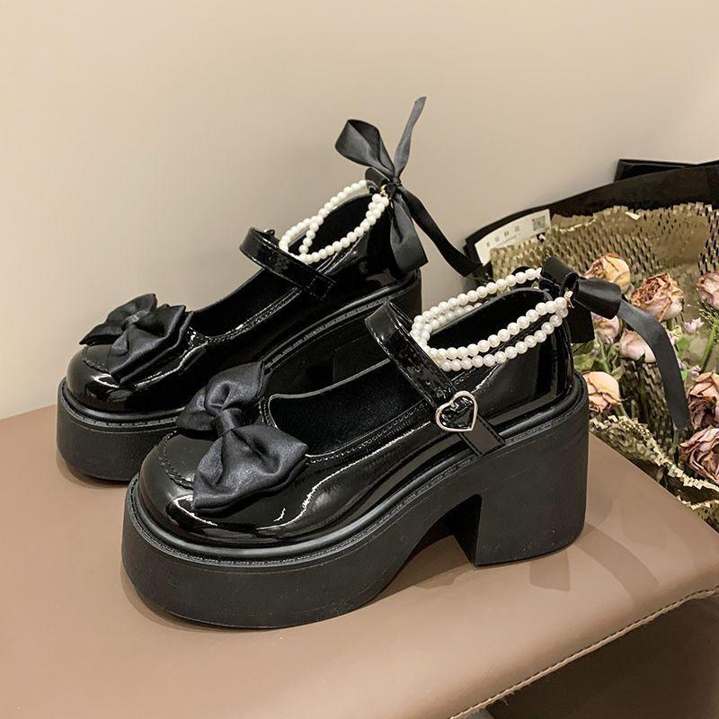 Women's High Heels 2025 High Quality Square Heels Round Toe Mary Jane Bow Buckle Dress Party Women's High Heels