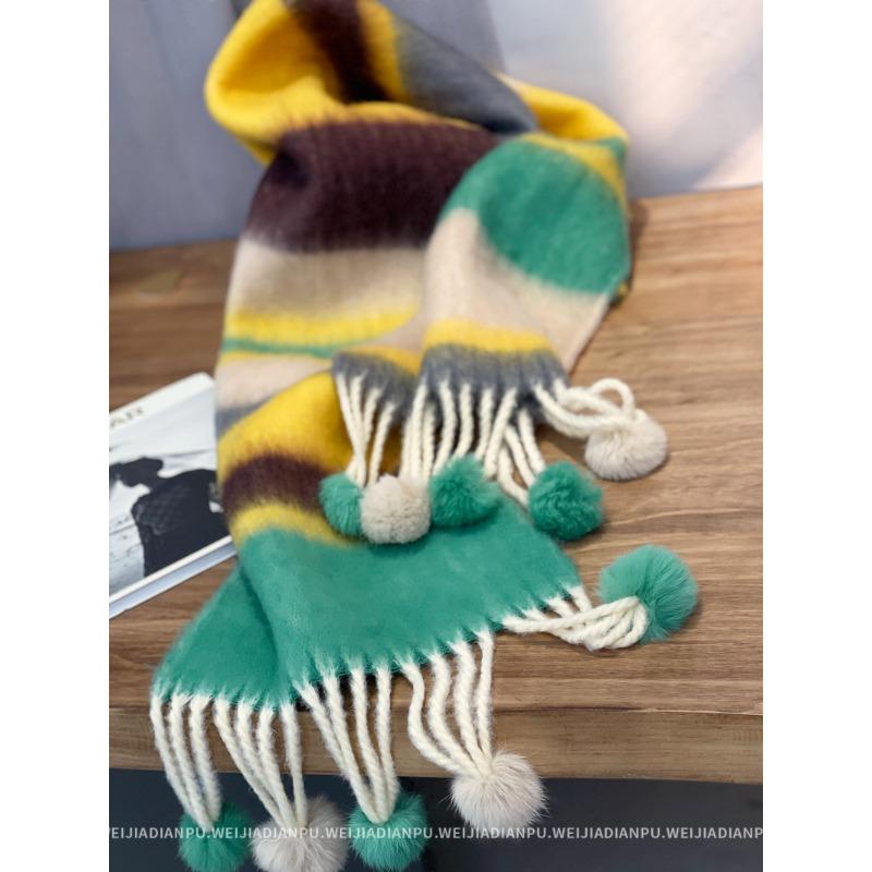 Only home, keep N strips for yourself! Real Rex Rabbit Hairball! Thick Hair Flu Pulled Tassel Striped Big Scarf Big