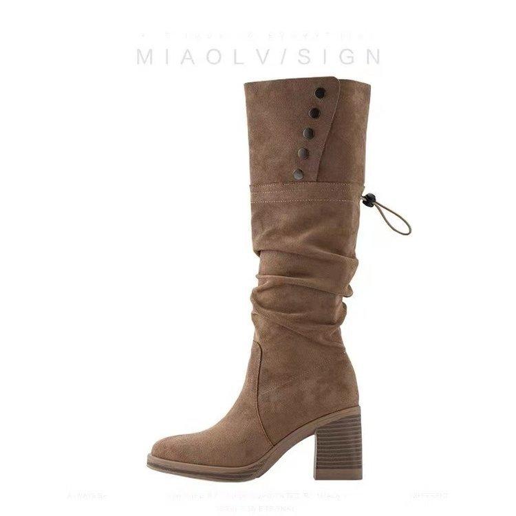 Genuine Leather~ Maillard Boots Women's 2025 Autumn and Winter New Stacking Boots Thick Heel Western Women's Boots High Heel Knight Boots