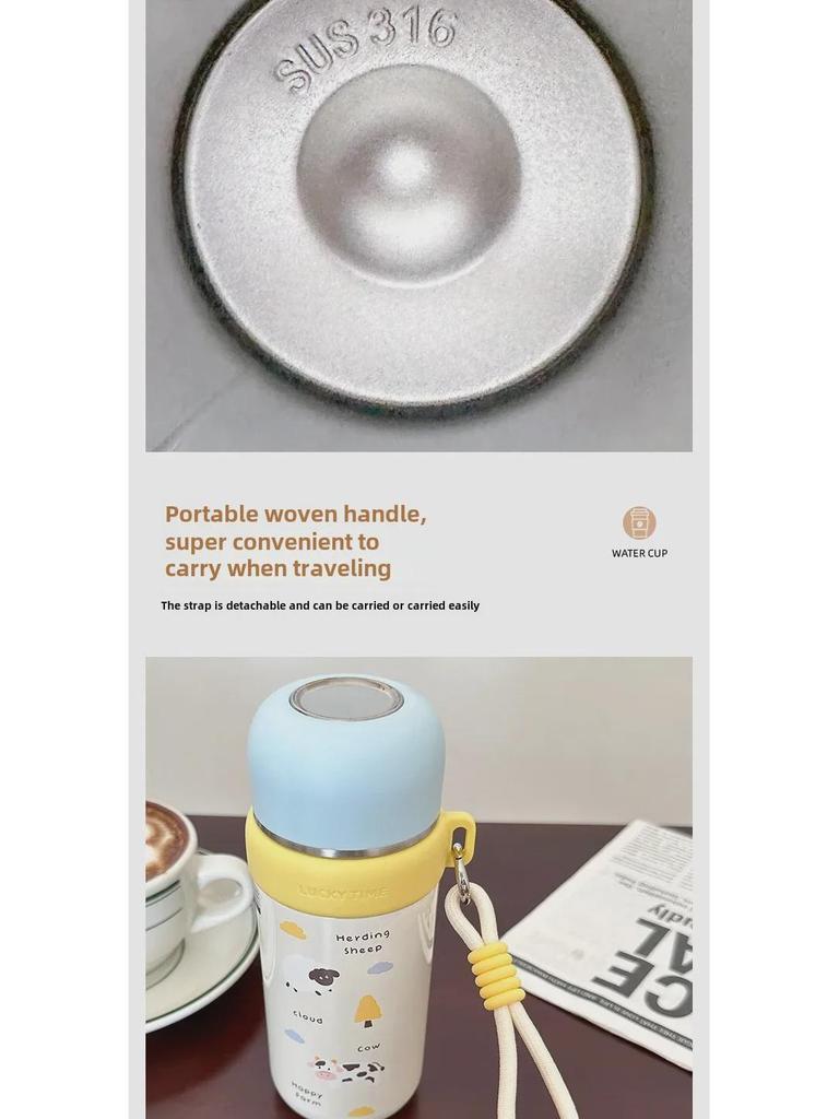 Copo térmico de desenho animado de dupla utilização com corda fofa - Garrafa de água portátil de aço inoxidável para meninas