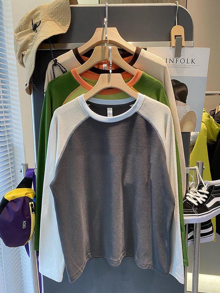 2025 Autumn/Winter Women's Dopamine Color Block Warm Plush Raglan Long Sleeve Base Layer T-shirt.