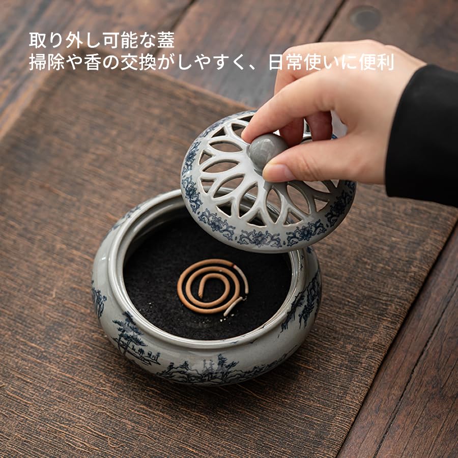 Stylish Ceramic Incense Holder with Lid, Stainless Steel Mesh, and Non-flammable Sheet. Incense Set with Spiral Incense. Perfect for Buddhist Altars,