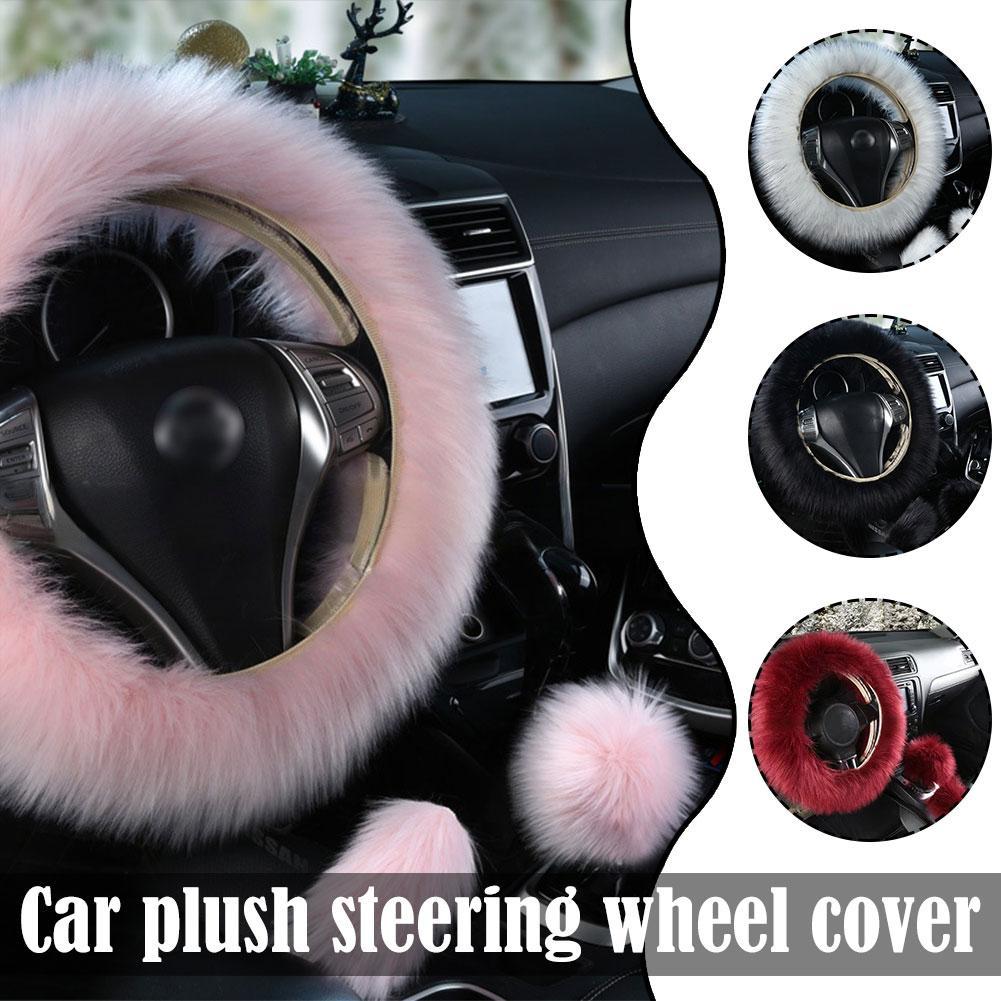 

3PCS Fur Car Steering Wheel Cover Set Sheepskin Auto Plush Warm Fluffy Fuzzy Car Steering Wheel Cover Accessories For Women Girl